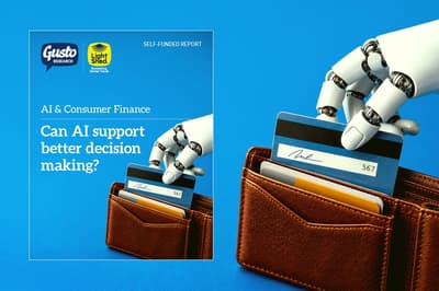 A robot hand pulling a credit card out of a leather wallet. There is an A4 report to the left; the cover has the same image, and Gusto's logo, and the LightShed logo at the top. It reads ‘AI & Consumer Finance, Can AI support better decision making?’.