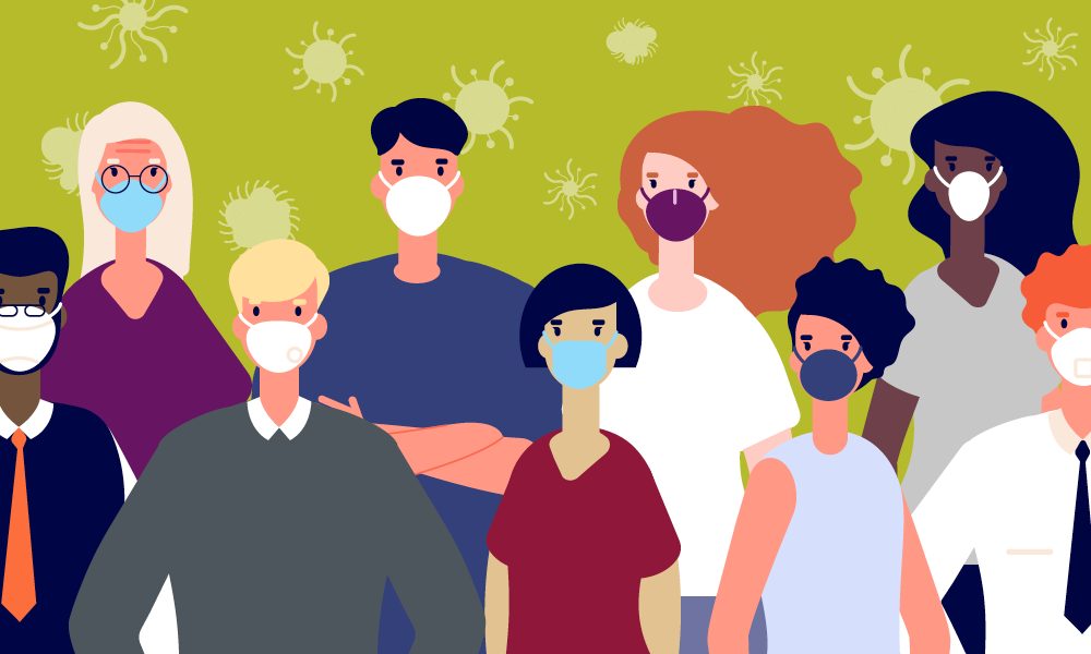 Nine people wearing masks, with virus shapes in the background.