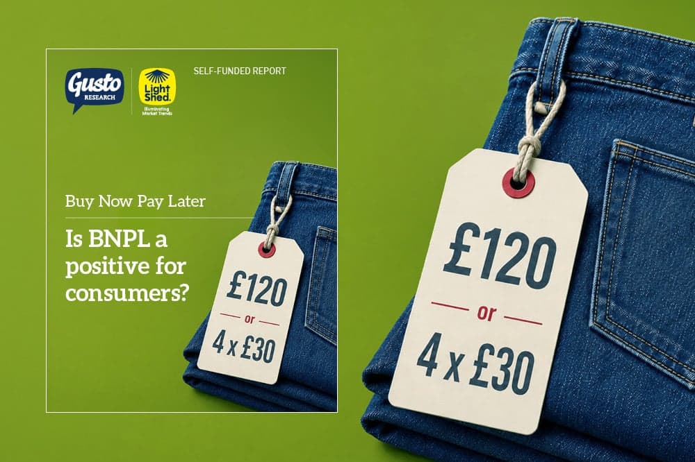 A folded up pair of jeans with a tag saying “£120 or 3 x £30”. There is an A4 report to the left; the cover has the same image, and Gusto's logo, and the LightShed logo at the top. It reads ‘Buy Now Pay Later, Is BNPL a positive for consumers?’.