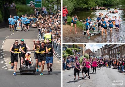 3 images from the Knaresborough Bed Race from 2024 with various participants crossing the River Nidd and running around the course, cheered on by onlookers and supporters