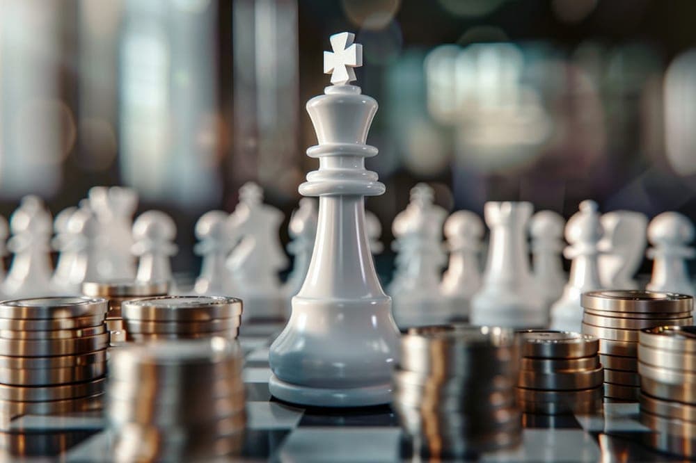 A closeup of a chess board game with emphasis on the white King playing piece surrounded by piles of coins on the same board in the foreground and the remaining white chess pieces in the background.