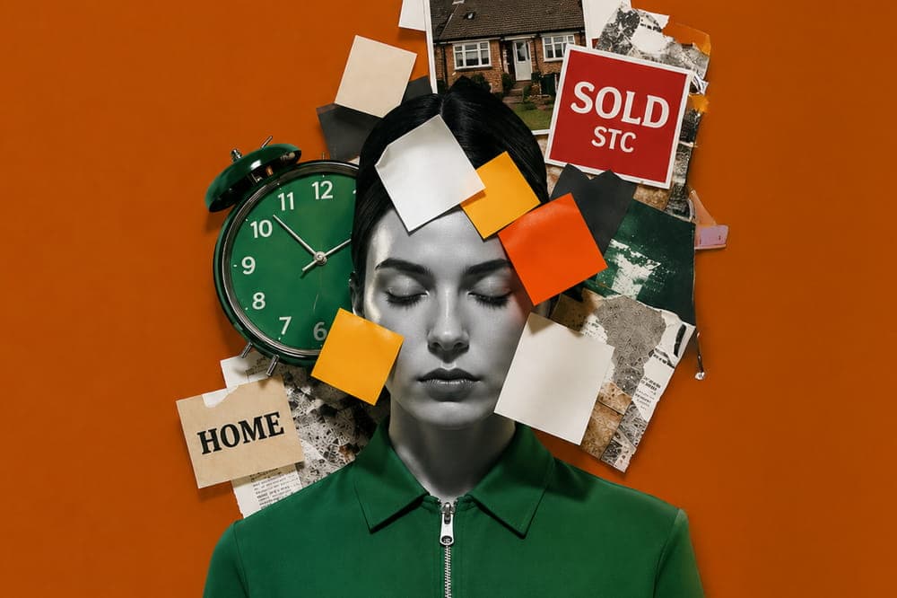 A woman in a green shirt against a brown/orange background. Her skin is coloured in greyscale, her eyes are closed, and she has Post-It notes on her face. Behind her there are photographs of houses, signs saying ‘Home’ and ‘Sold STC’, and an alarm clock.