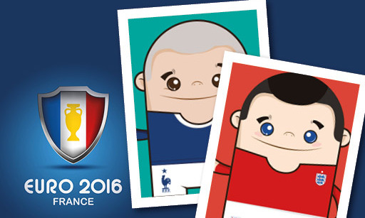 Cartoony football cards, one of a France player, the other of an England player, with the Euro 2016 France logo.