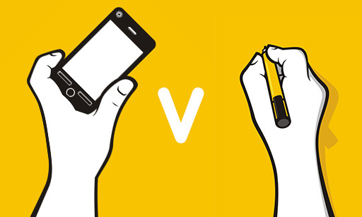 A hand holding a smartphone and a hand holding a pencil, with a ‘V’ in between them.