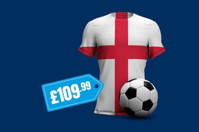An England Football Shirt with a large price tag of £109.99, by a traditional Black and White Football