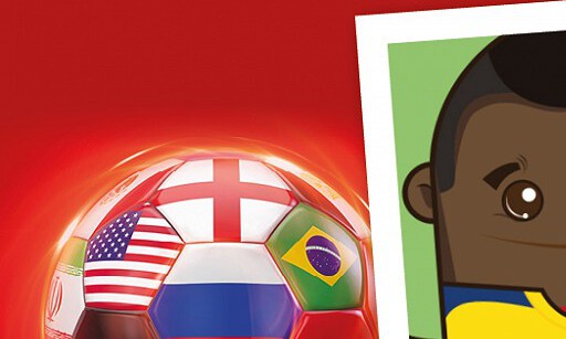 A cartoony football card of a brazilian footballer, next to a football with hexagonal national flags painted all over it.