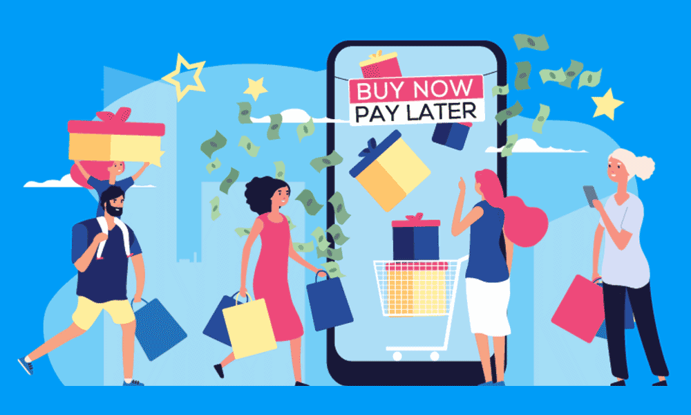 A number of shoppers circulating around a large mobile screen indicating Buy Now Pay Later for online shopping