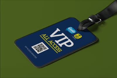 An access-all-areas pass on a lanyard with the words VIP All Access and a QR code + the Gusto & LightShed Logos at the top
