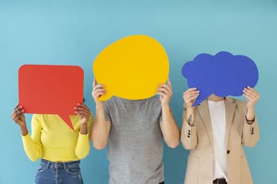 Line up of diverse people with quote and thought bubbles in front of their faces