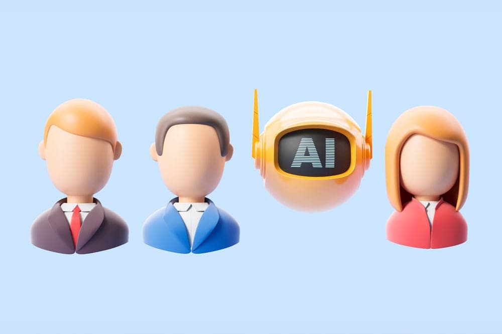 Row of people with an AI bot replacing one of them