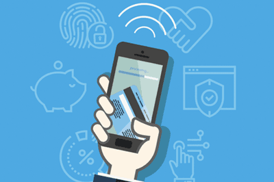 A hand holding a mobile phone with a credit card on the screen. The phone is surrounded by various icons, including a piggy pank, finger print with padlock, handshake, and website with shield and tick.