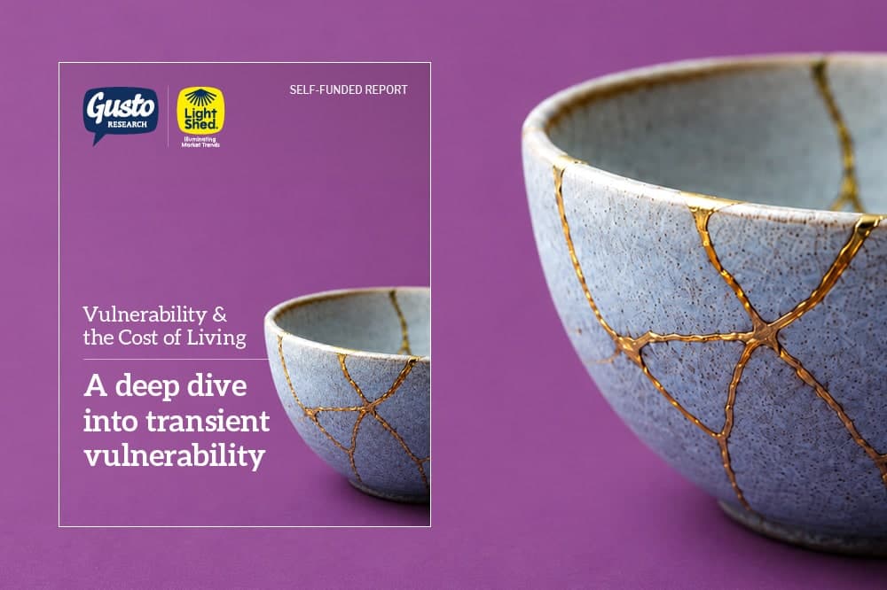 A ceramic pot that has been broken and glued back together. There is an A4 report to the left; the cover has the same image, and Gusto's logo, and the LightShed logo at the top. It reads ‘Vulnerability & the Cost of Living, A deep dive into transient vulnerability’.